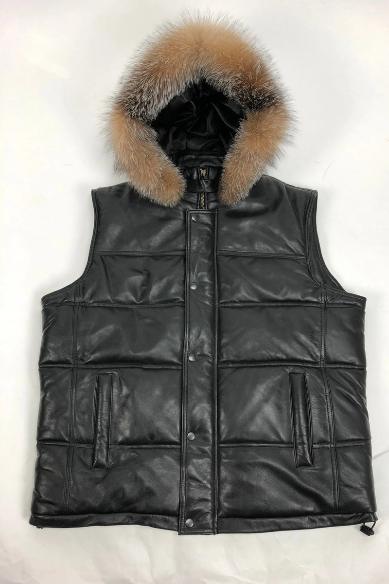 Men's Leather Bubble Vest With Premium Fox Fur Hood