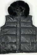 Men's Leather Bubble Vest With Premium Fox Fur Hood