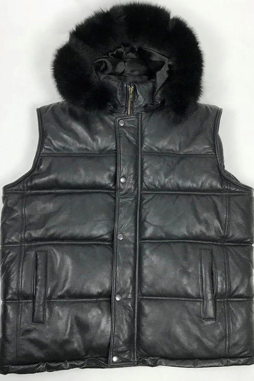Men's Leather Bubble Vest With Premium Fox Fur Hood