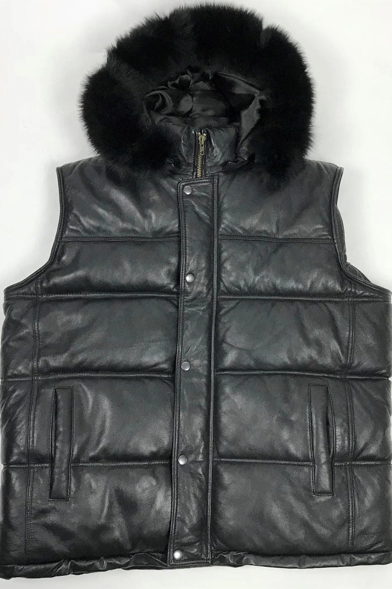 Men's Leather Bubble Vest With Premium Fox Fur Hood