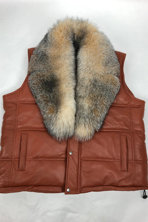 Men's Leather Bubble Vest With Full Fox Fur Collar
