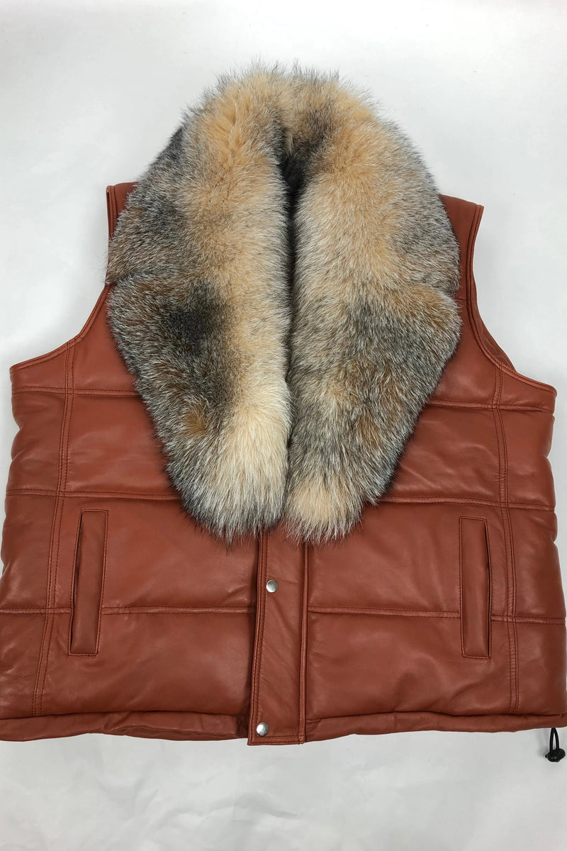 Men's Leather Bubble Vest With Full Fox Fur Collar