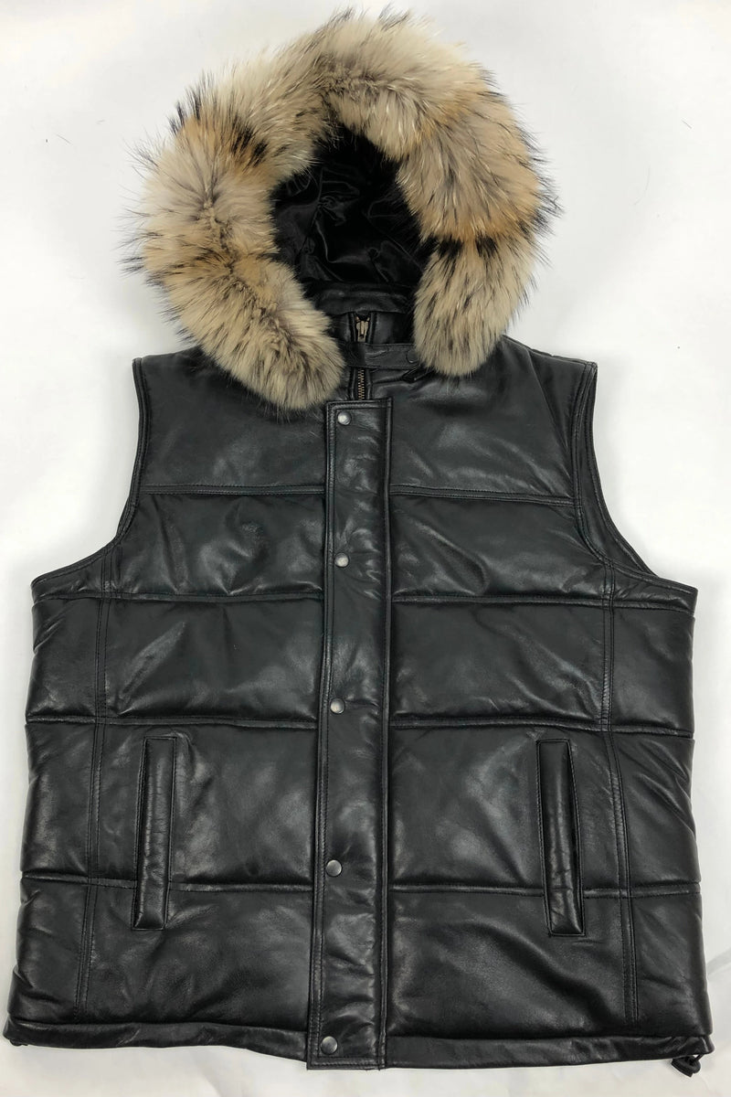 Men's Leather Bubble Vest With Premium Raccoon Fur Hood