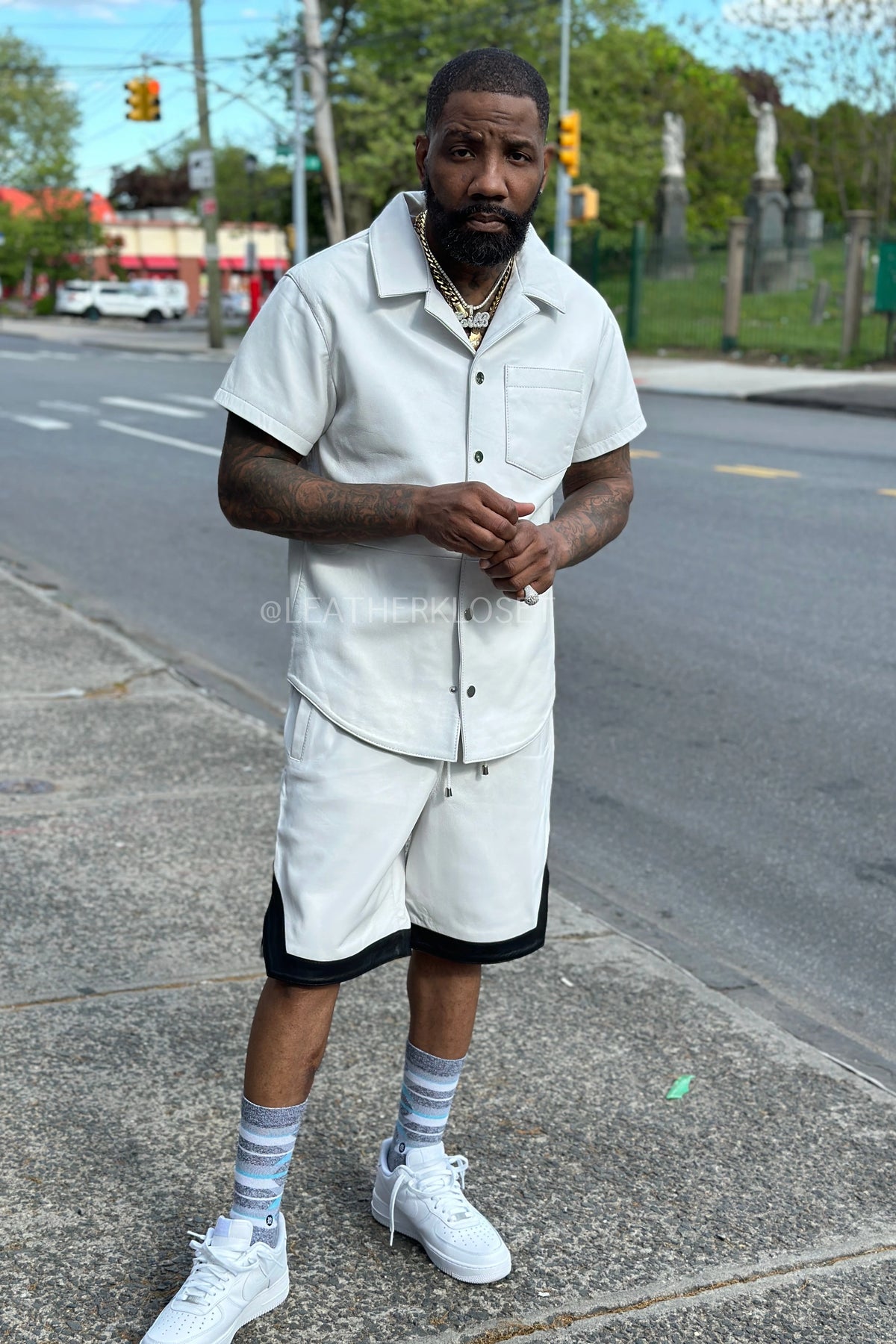 Men's Summer In Miami Leather Shirt And Shorts Set [White]
