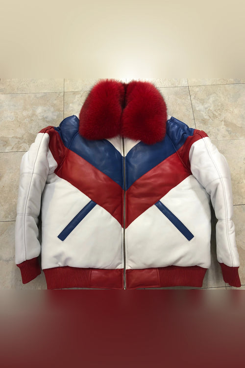 Men's V-Bomber With Premium Fox Fur Collar [White/Red/Blue]
