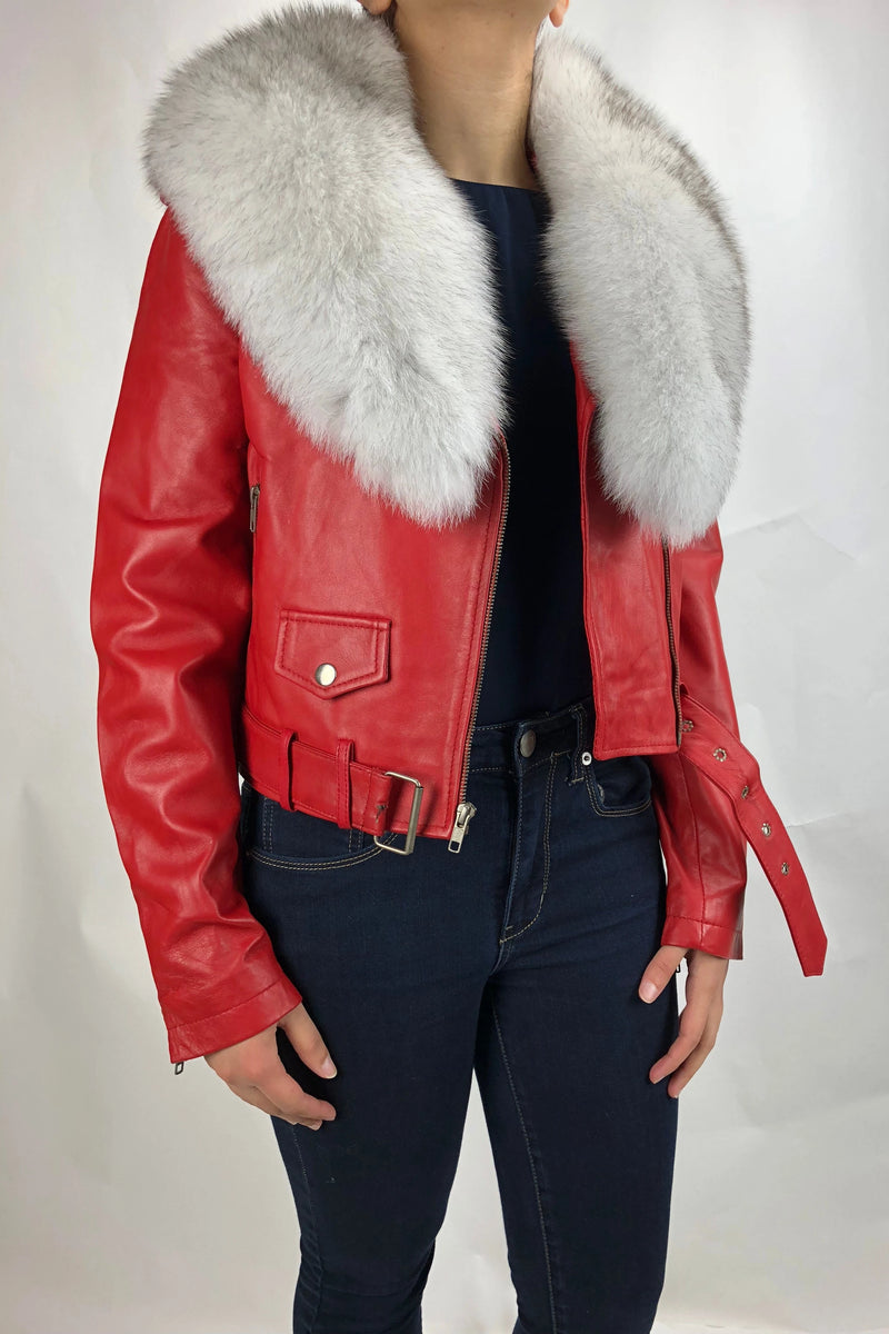 Women's Classic Biker Red With Fox Collar [ SLIM FIT]