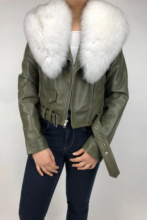 Women's Classic Biker Olive Green With Fox Collar [Slim Fit]