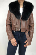 Women's Classic Biker Brown With Fox Collar