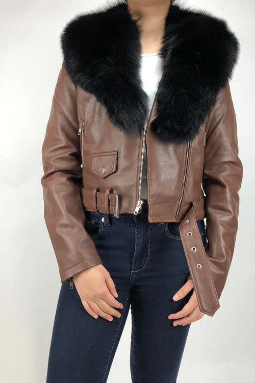 Women's Classic Biker Brown With Fox Collar
