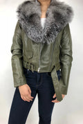 Women's Classic Biker Olive Green With Fox Collar [Slim Fit]