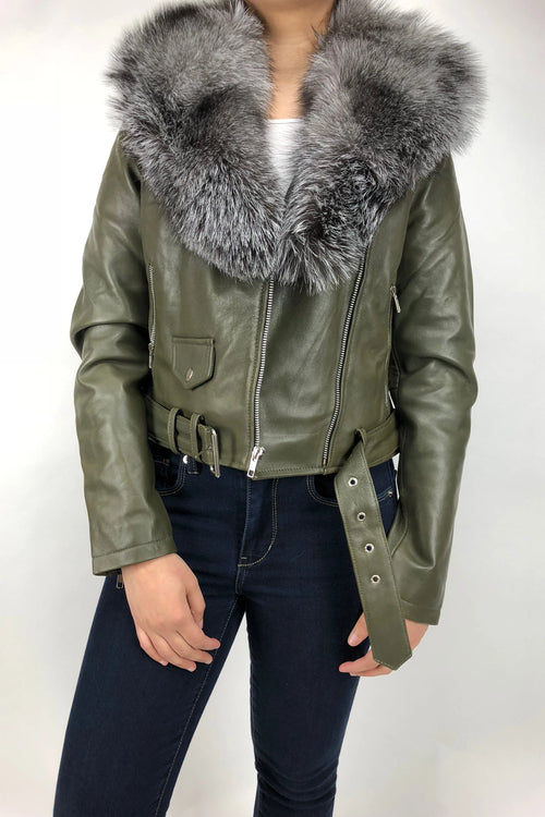 Women's Classic Biker Olive Green With Fox Collar [Slim Fit]
