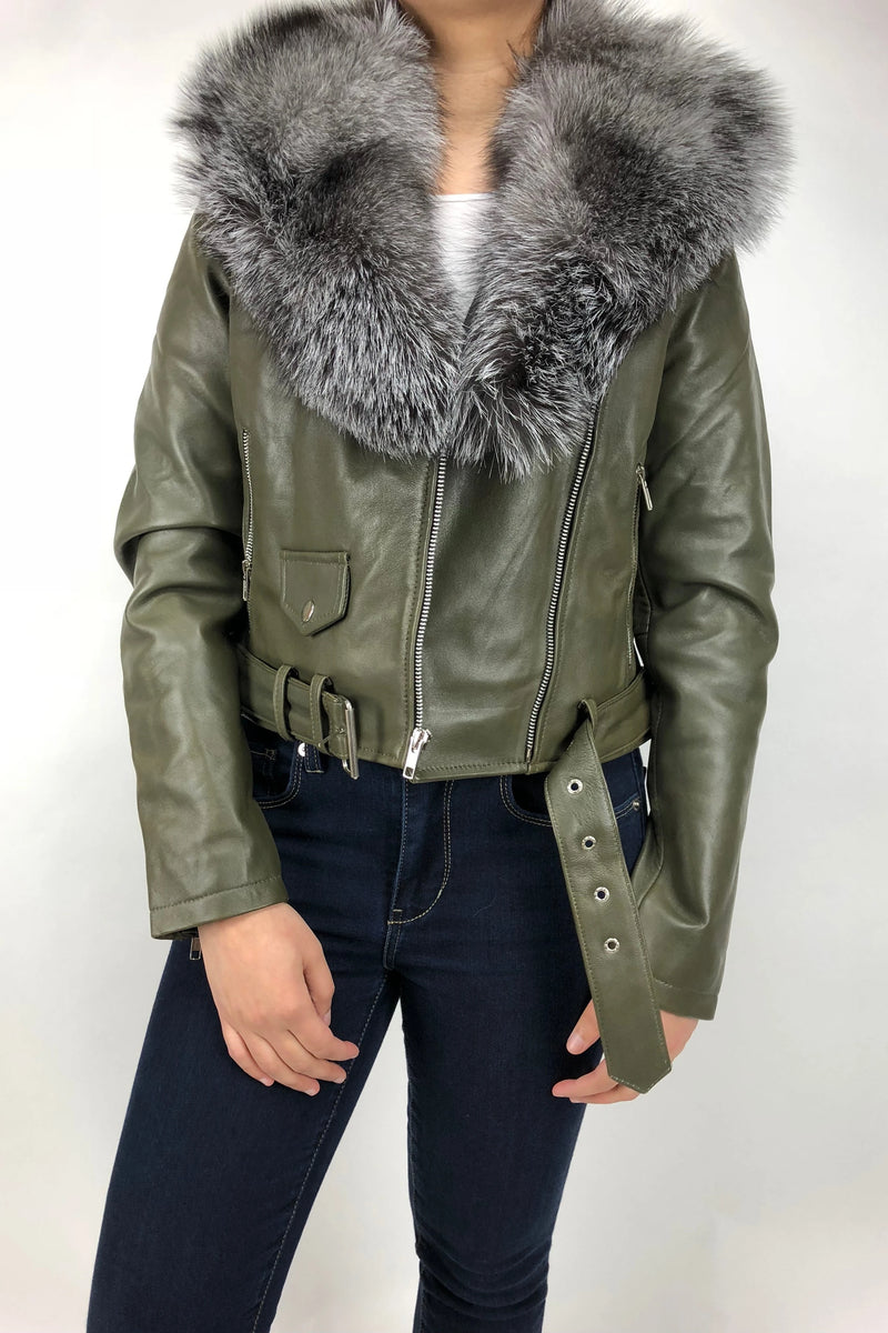 Women's Classic Biker Olive Green With Fox Collar [Slim Fit]