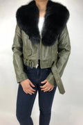 Women's Classic Biker Olive Green With Fox Collar [Slim Fit]
