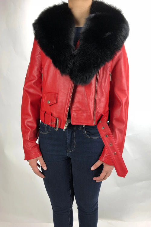 Women's Classic Biker Red With Fox Collar [SLIM FIT]