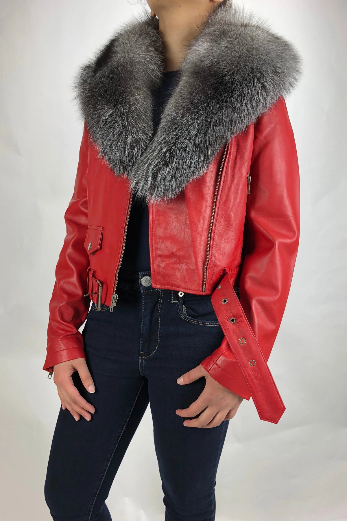 Women's Classic Biker Red With Fox Collar [SLIM FIT]