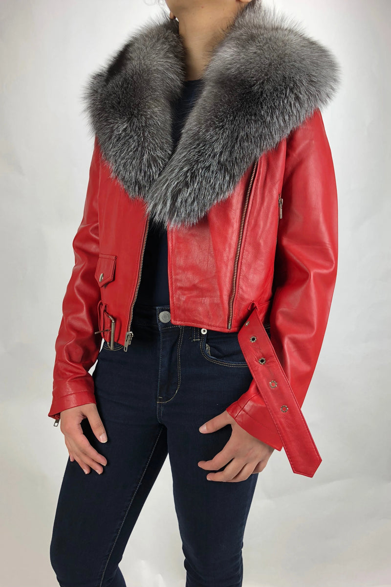 Women's Classic Biker Red With Fox Collar [SLIM FIT]