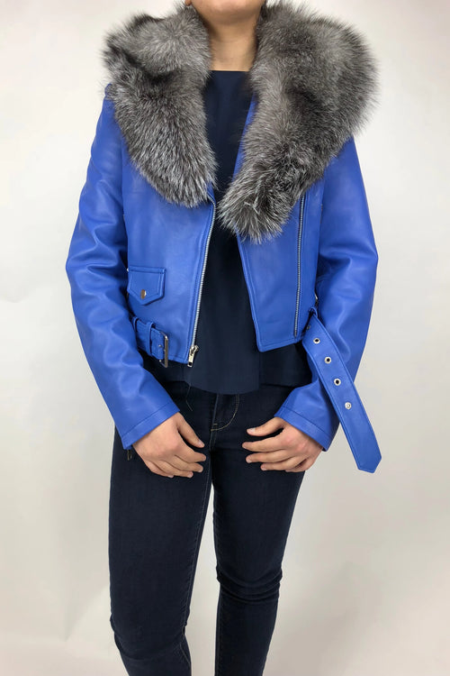 Women's Classic Biker Royal Blue With Fox Collar [ SLIM FIT ]