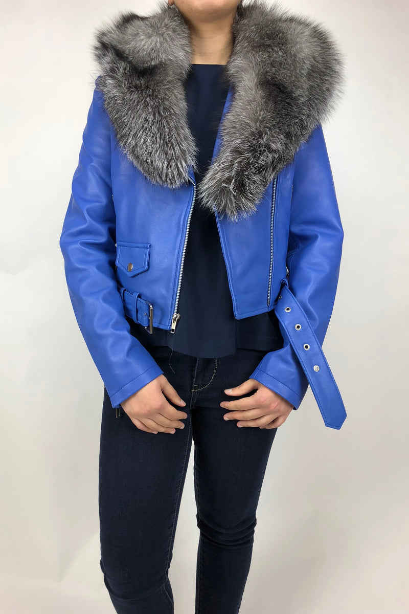 Women's Classic Biker Royal Blue With Fox Collar [ SLIM FIT ]