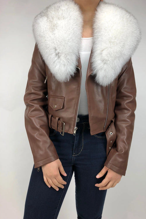 Women's Classic Biker Brown With Fox Collar [Slim Fit]