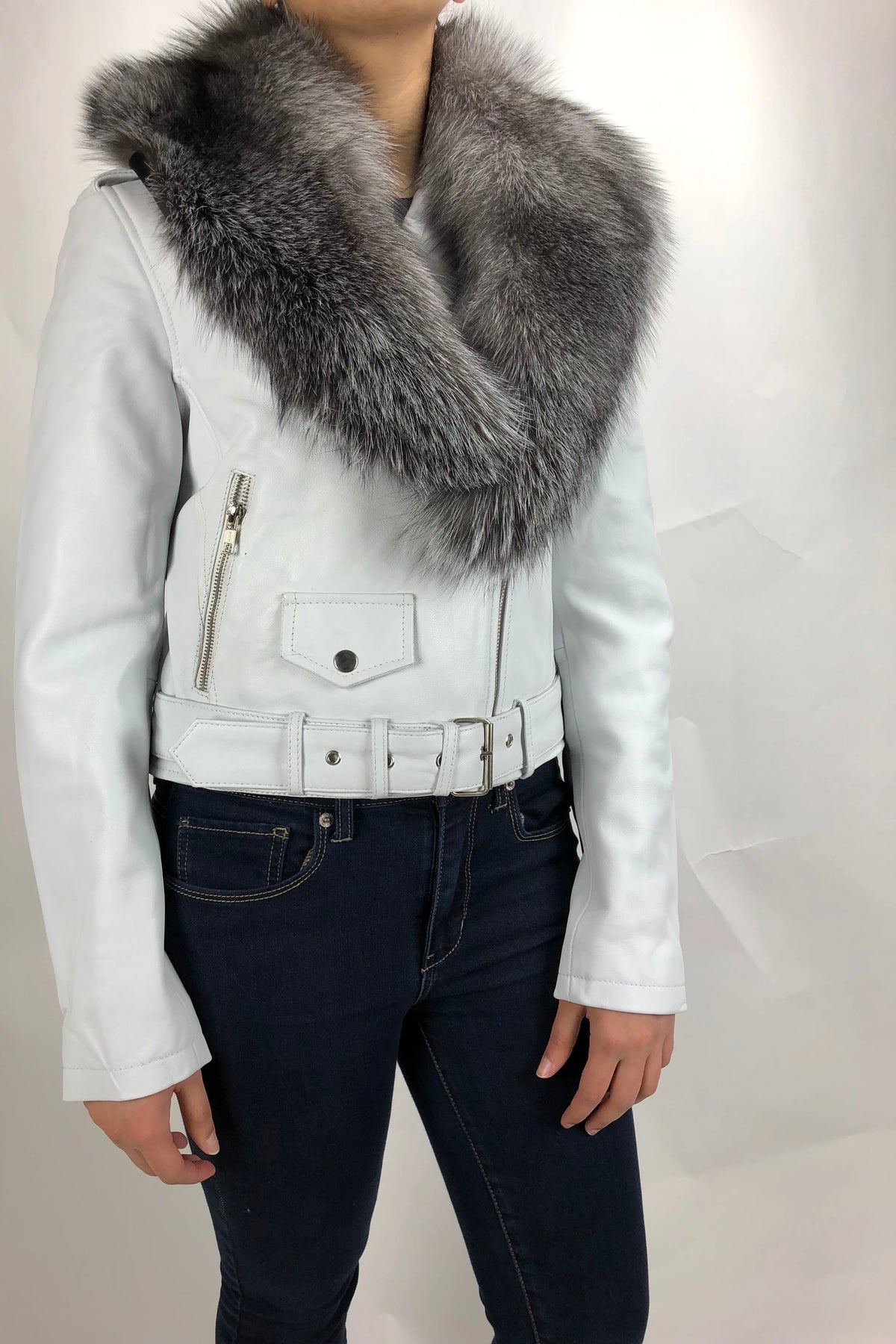 Women's Classic Biker White With Fox Collar [ SLIM FIT]