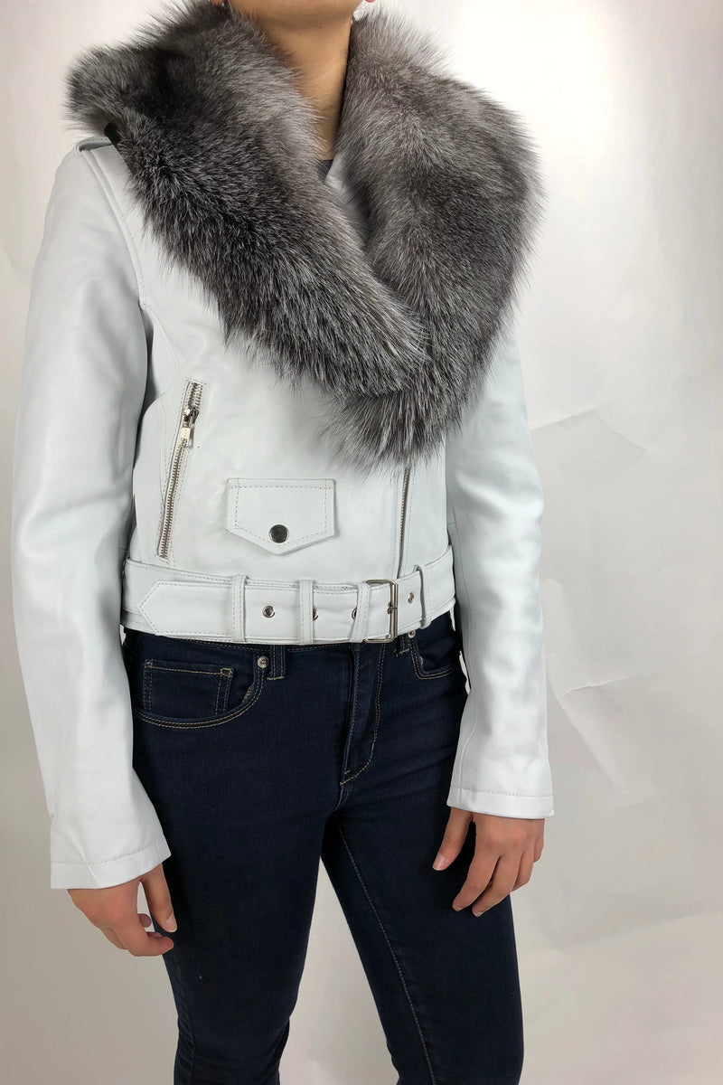 Women's Classic Biker White With Fox Collar [ SLIM FIT]