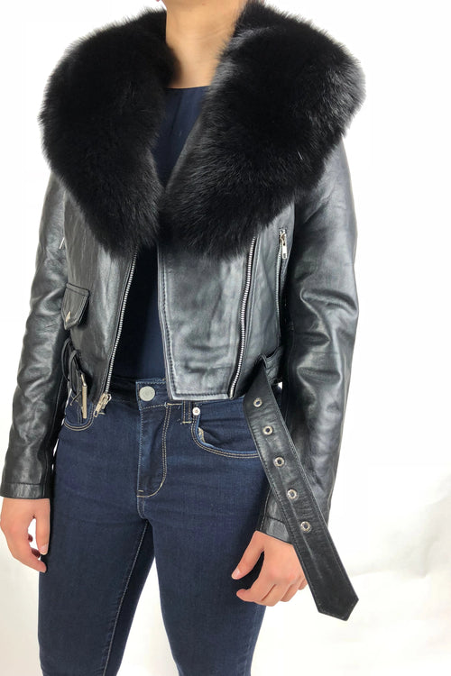 Women's Classic Biker Black With Fox Collar [Slim Fit]