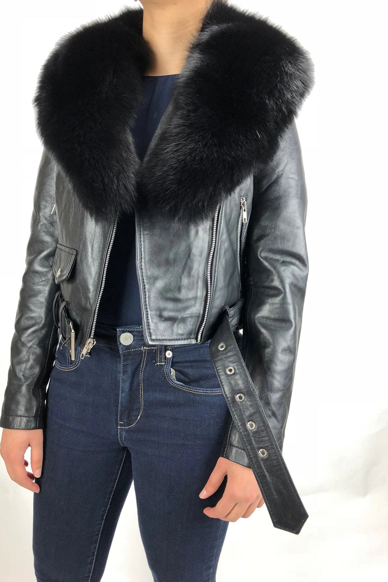 Women's Classic Biker Black With Fox Collar [Slim Fit]