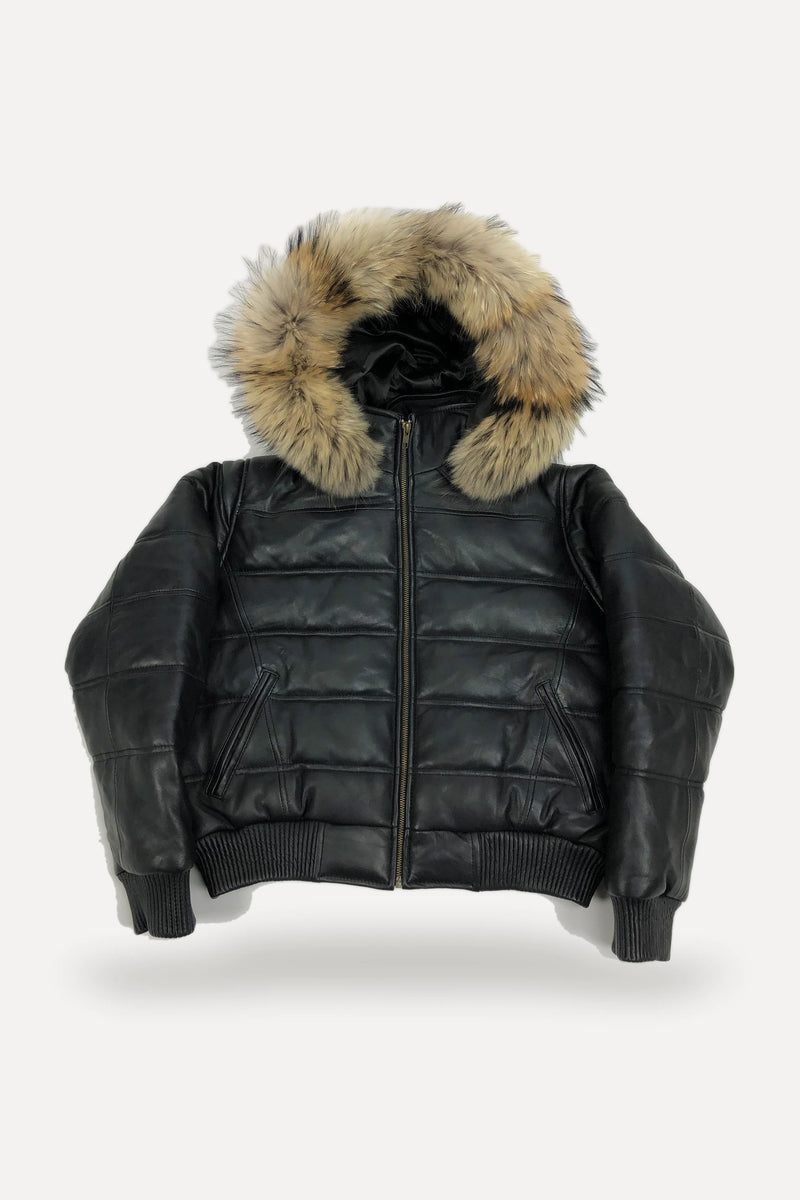 Women's Leather Snorkel Bomber Jacket Premium Raccoon