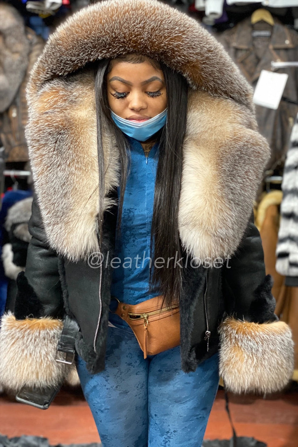 Women's Sheepskin Biker Jacket With Full Fox