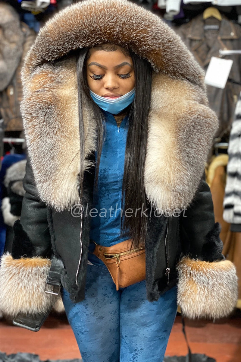 Women's Sheepskin Biker Jacket With Full Fox