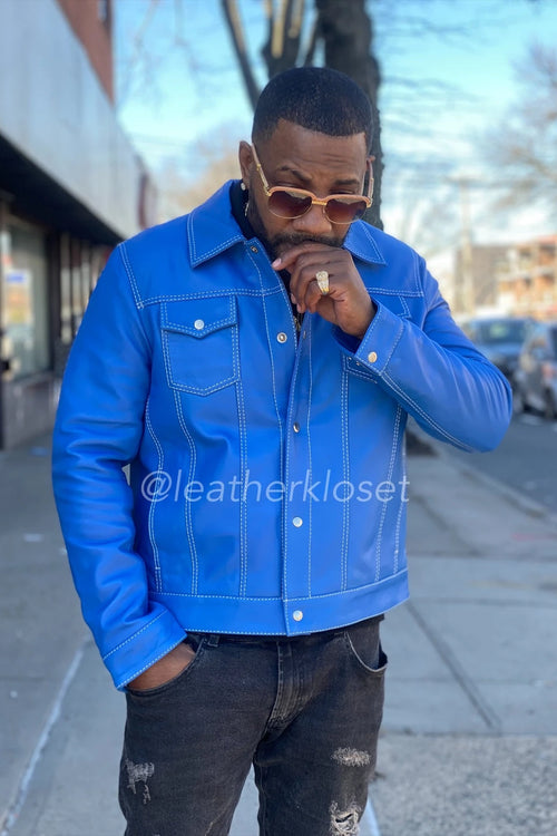 Men's Dylan Royal Blue Jacket Denim Leather