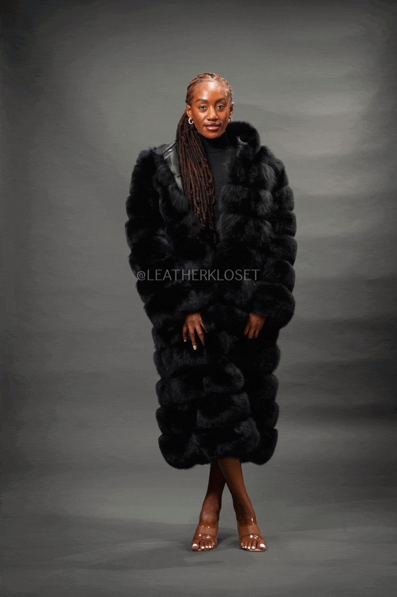 Women's Full Length Convertible Fox Trench Coat [Black Women's Full Length Convertible Fox Trench Coat [Black