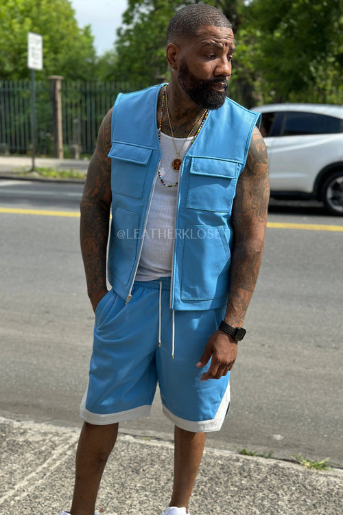 Men's 2 Live and Die Vest With Leather Shorts [Baby Blue]