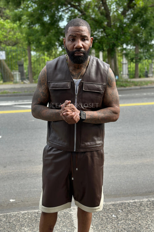 Men's 2 Live and Die Vest With Leather Shorts [Chocolate]