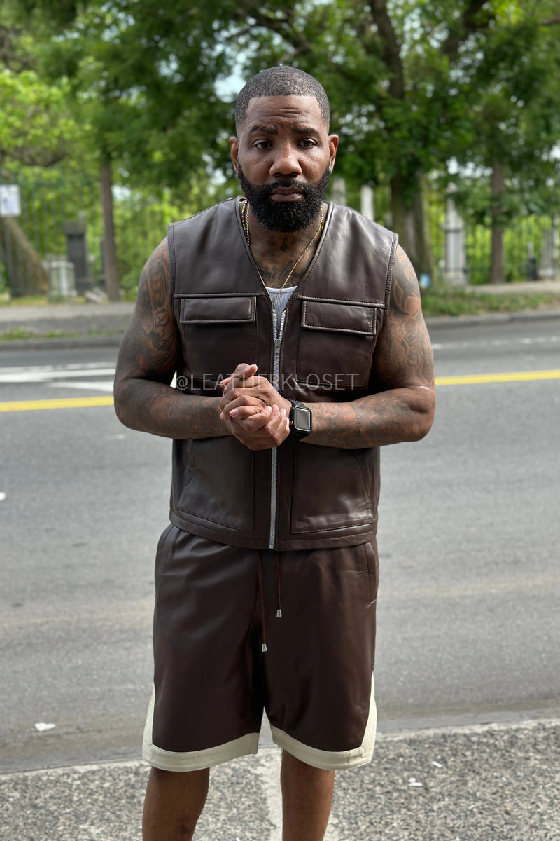 Men's 2 Live and Die Vest With Leather Shorts [Chocolate]
