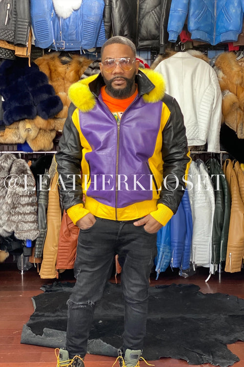 Men's 8 Ball Leather Jacket With Fox Hood [Purple/Black/Yellow]
