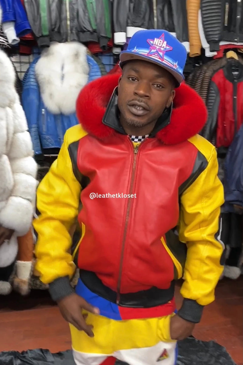Men's 8 Ball Leather Jacket With Fox Fur Hood [Yellow/Black/Red]