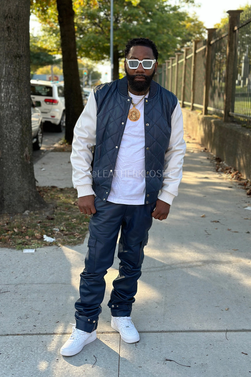 Men's Adan Jacket & Leather Stack Jean Pants [Navy/White]
