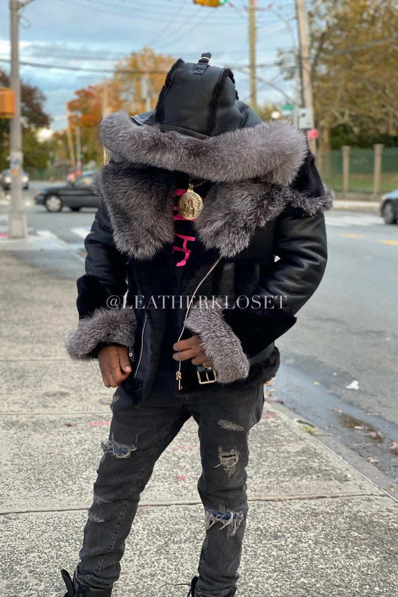 Men's Andre Shearling Biker With Fox [Black/Silver]