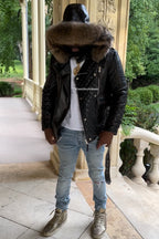 Men's Billy Leather Biker Hoodie With Fur Hood [Brown Copper]