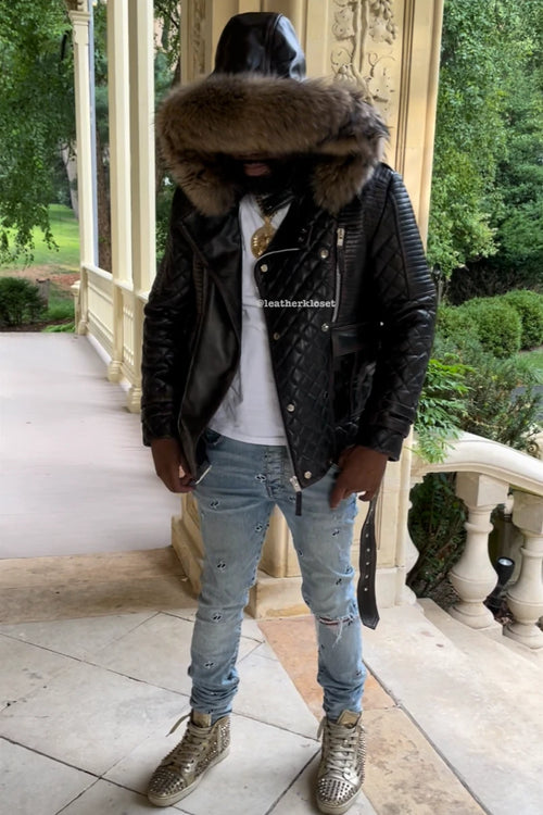 Men's Billy Leather Biker Hoodie With Fur Hood [Brown Copper]