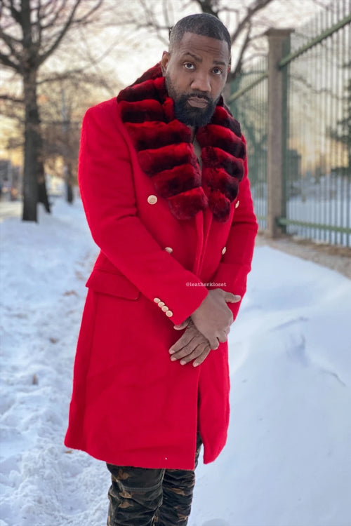 Men's Cashmere Trench Coat Red With Chinchilla Collar