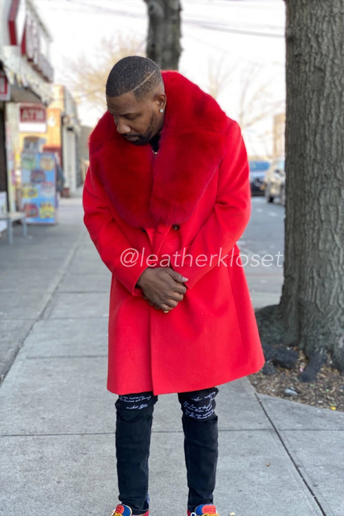 Men's Cashmere Trench Coat With Fox Collar [Red]