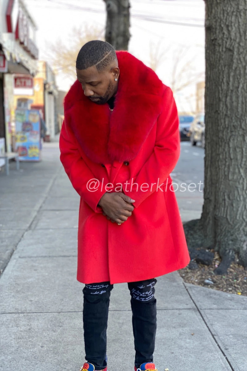 Men's Cashmere Trench Coat With Fox Collar [Red]