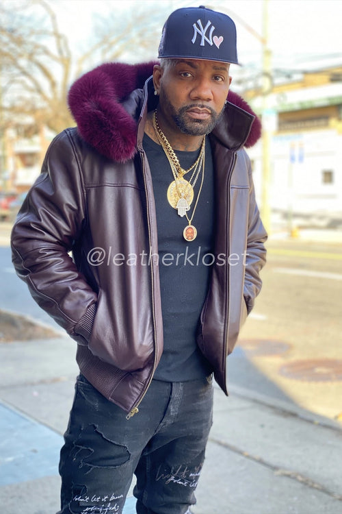 Men's Classic Baseball Jacket With Fox Hood [Wine]