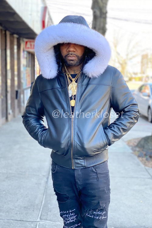 Men's Classic Baseball Jacket With Fox Hood [Black]