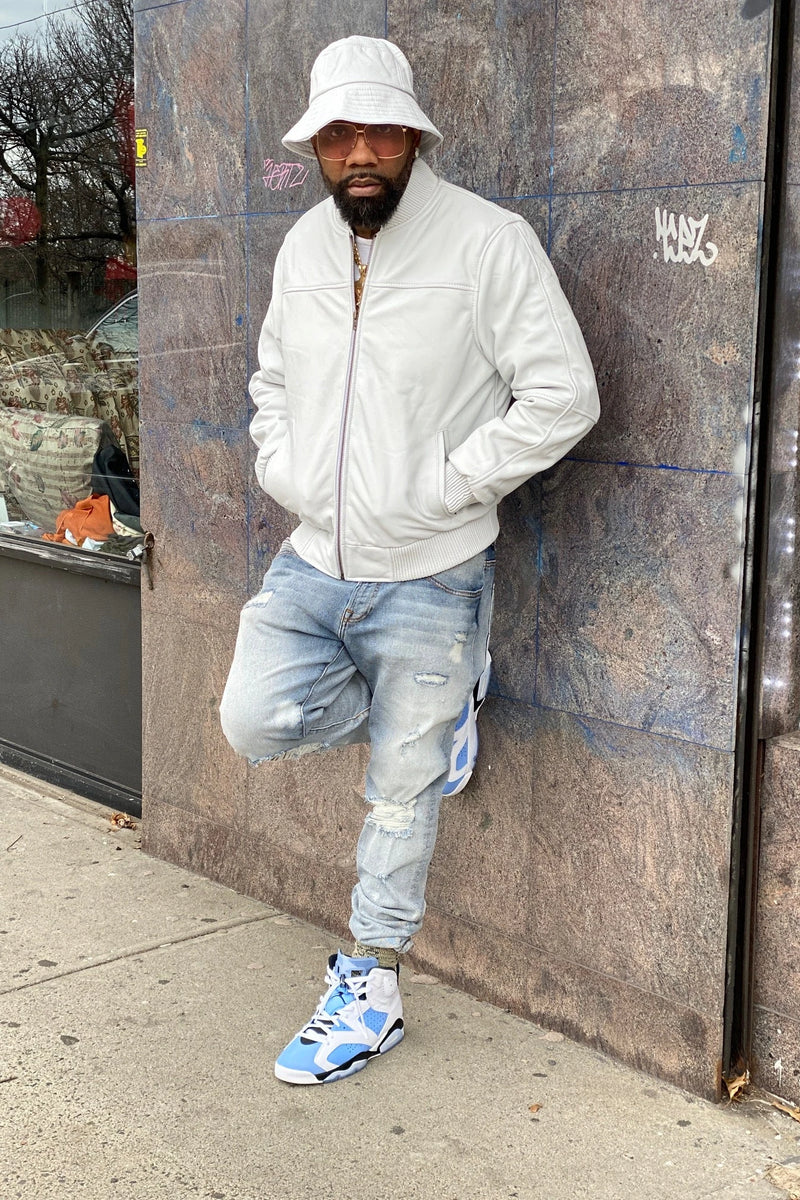 Men's Classic Baseball Leather Jacket & Matching Hat [White]