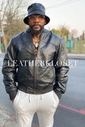 Baseball Leather Jacket with Matching Leather Bucket Hat 