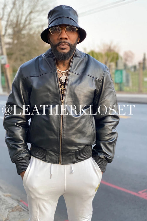 Baseball Leather Jacket with Matching Leather Bucket Hat 