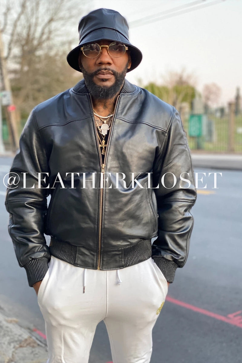 Baseball Leather Jacket with Matching Leather Bucket Hat 
